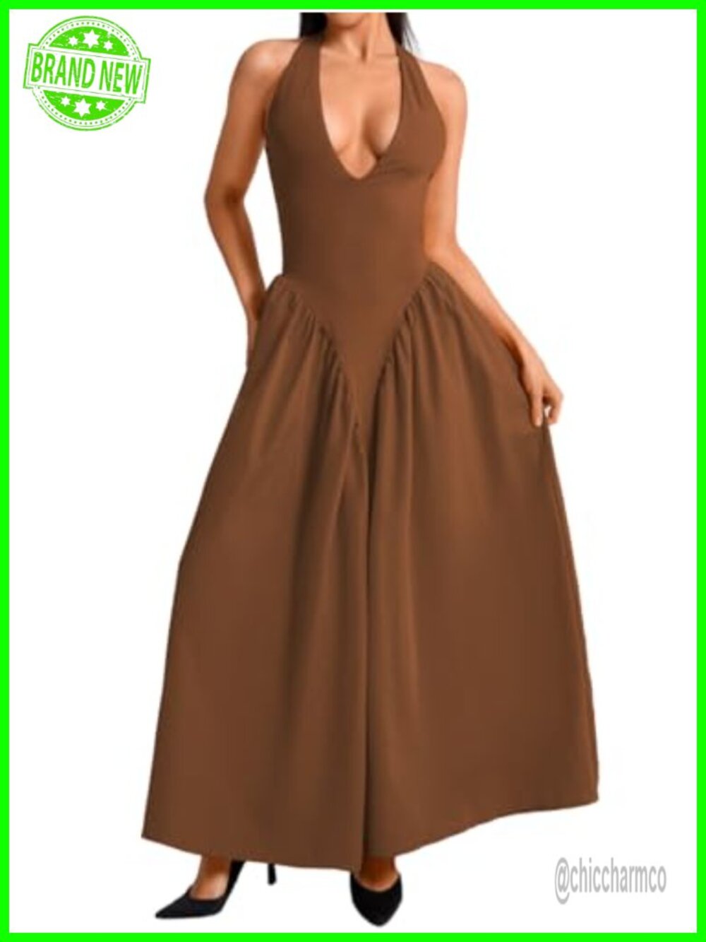 Deep V Neck Halter Maxi Dress Layered A-Line Semi Formal Wedding Guest